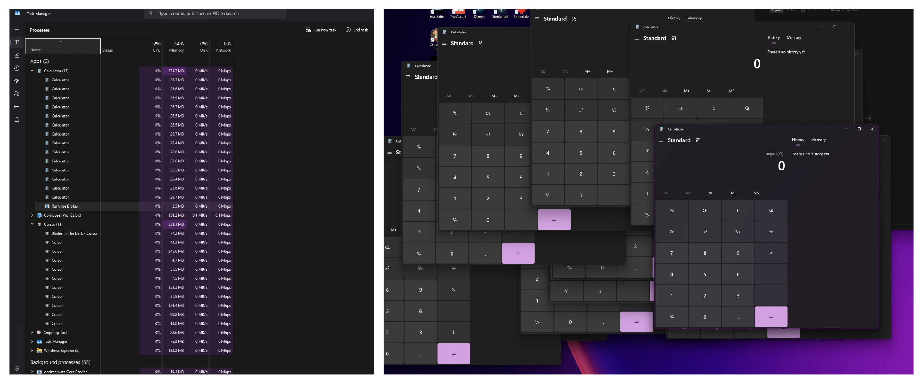 Windows Task Manager listing 15 Calculator processes alongside Cursor, next to a desktop covered in Calculator windows, from Mindgard's proof of concept.